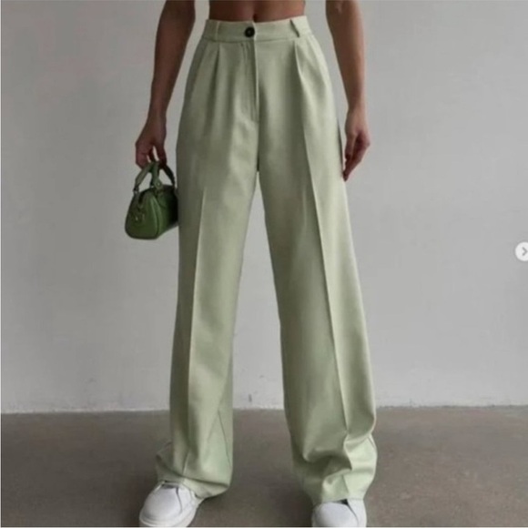 ZARA Celery Green High Waist Full Length wide legs TROUSERS Size Medium - Picture 1 of 8